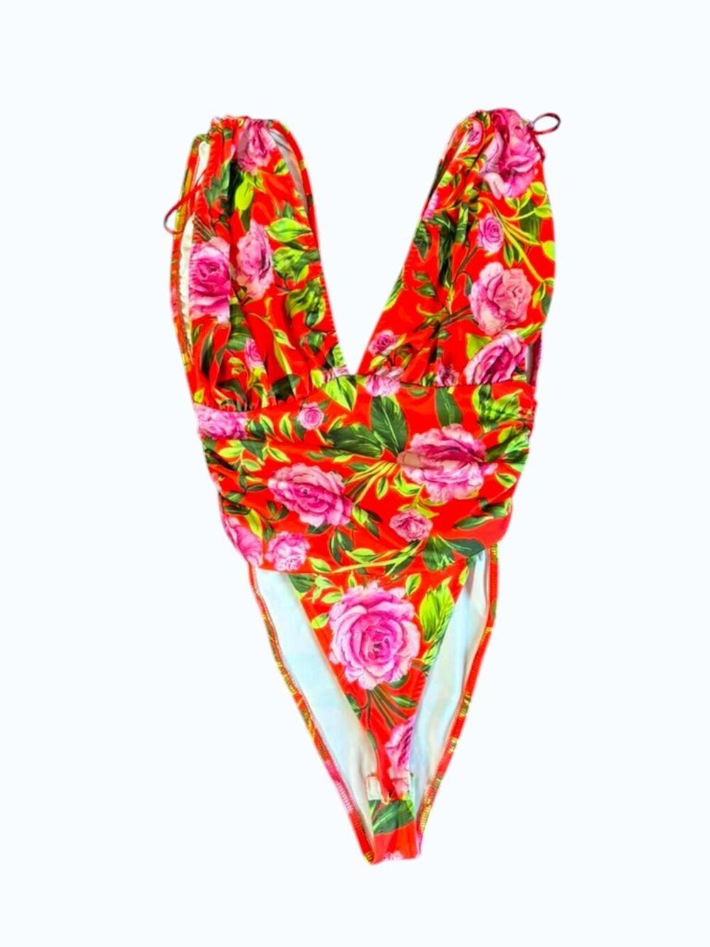 Zara Floral Bodysuit Women's Size S NWT Plunge V Neck Tie Shoulder Stretch.